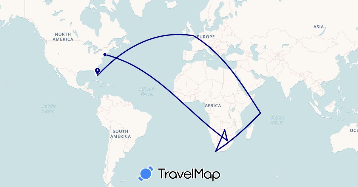 TravelMap itinerary: driving in United Kingdom, United States, South Africa, Zimbabwe (Africa, Europe, North America)